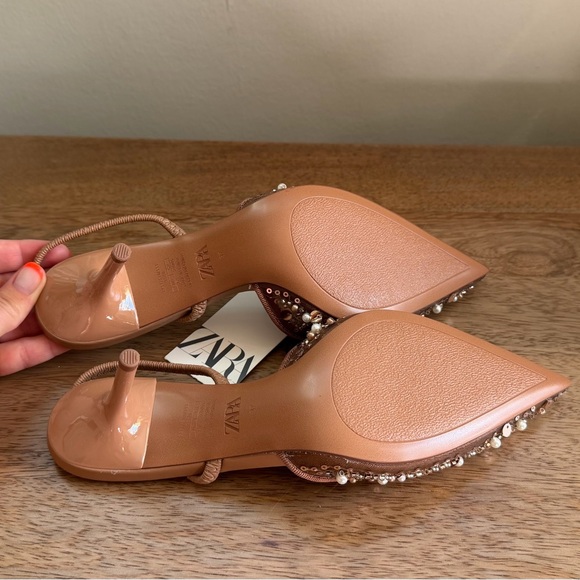 Zara Women's Beaded Nude Slingback Heels - Picture 5 of 9
